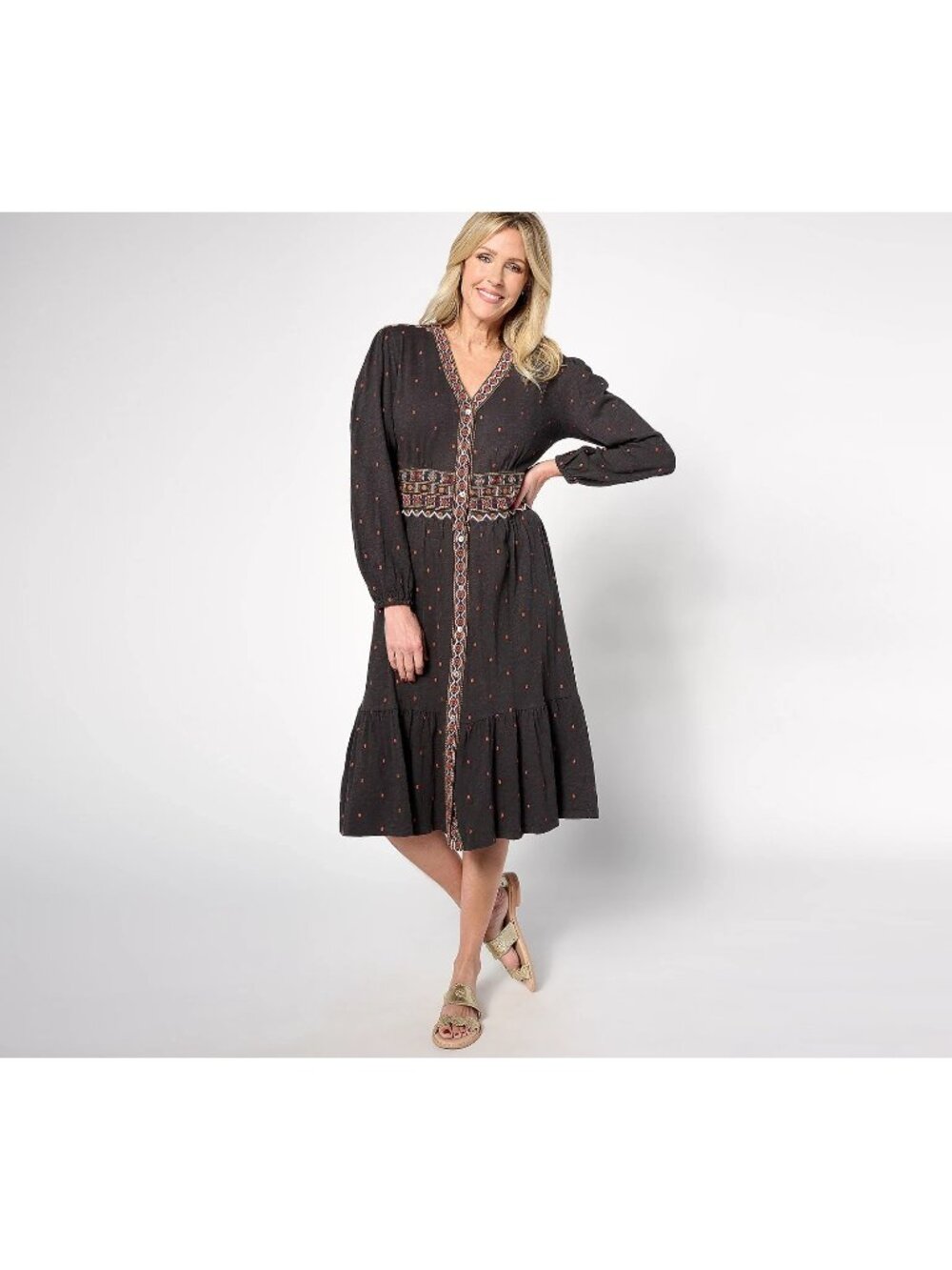 Denim & Co. Canyon Retreat Dress Midi sz 1X Button Front  Black A636401